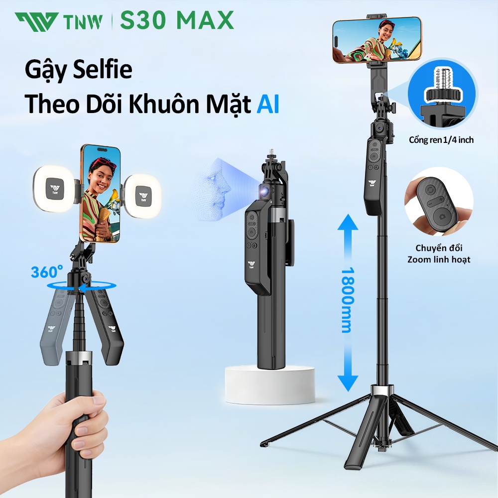 TNW S30 MAX Gậy chụp ảnh 3 chân AI Tripod điện thoại livestream 3 chân chắc chắn cao cấp xoay 360 độ | BigBuy360 - bigbuy360.vn