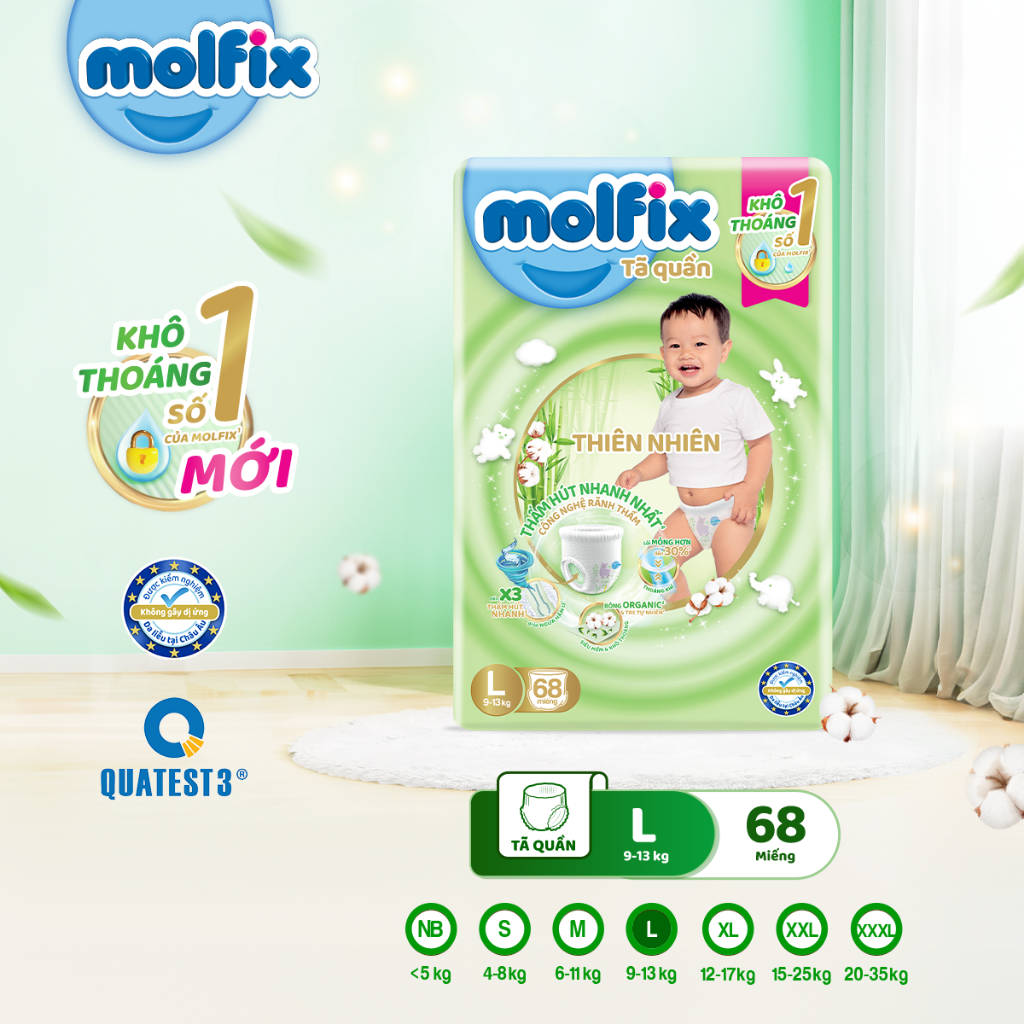 Tã quần thiên nhiên Molfix Ultra đủ size M76/L68/XL62/XXL56