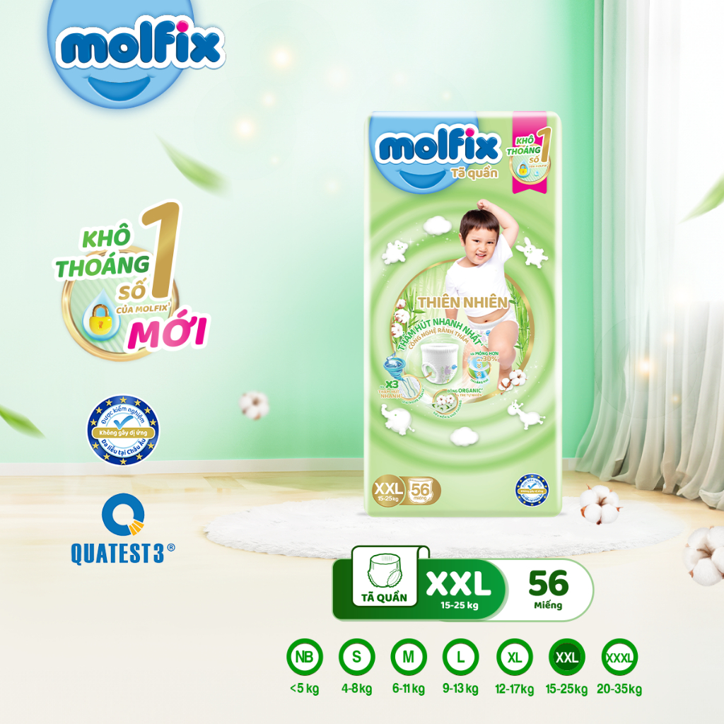 Tã/bỉm quần Molfix Thiên nhiên Ultra size XXL (15kg 25kg) Gói 56 miếng