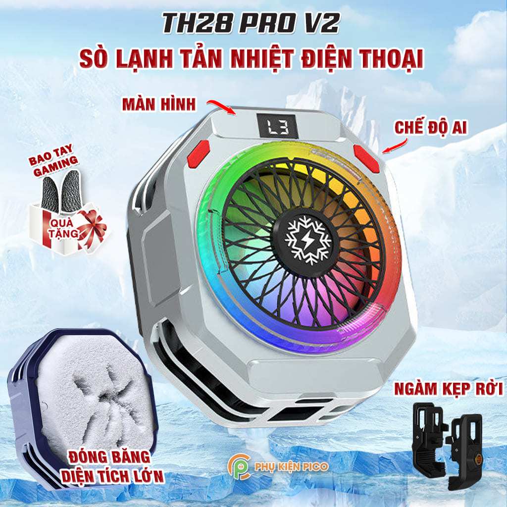 Quạt tản nhiệt điện thoại sò lạnh cao cấp TH28 Pro V2 kiểm soát nhiệt thông minh AI Led RGB làm lạnh không tụt FPS