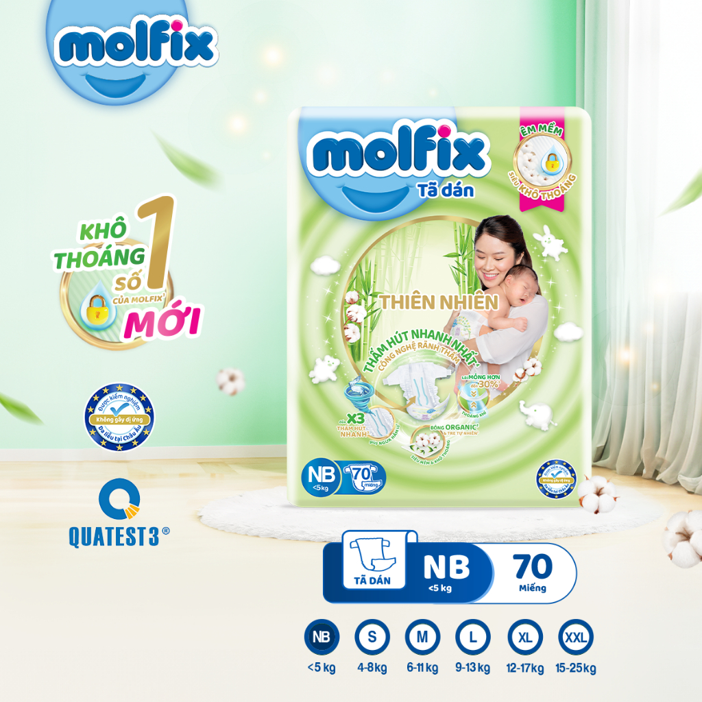 Tã/bỉm dán sơ sinh Molfix Thiên nhiên Jumbo size NB (dưới 5kg) - Gói 70 miếng
