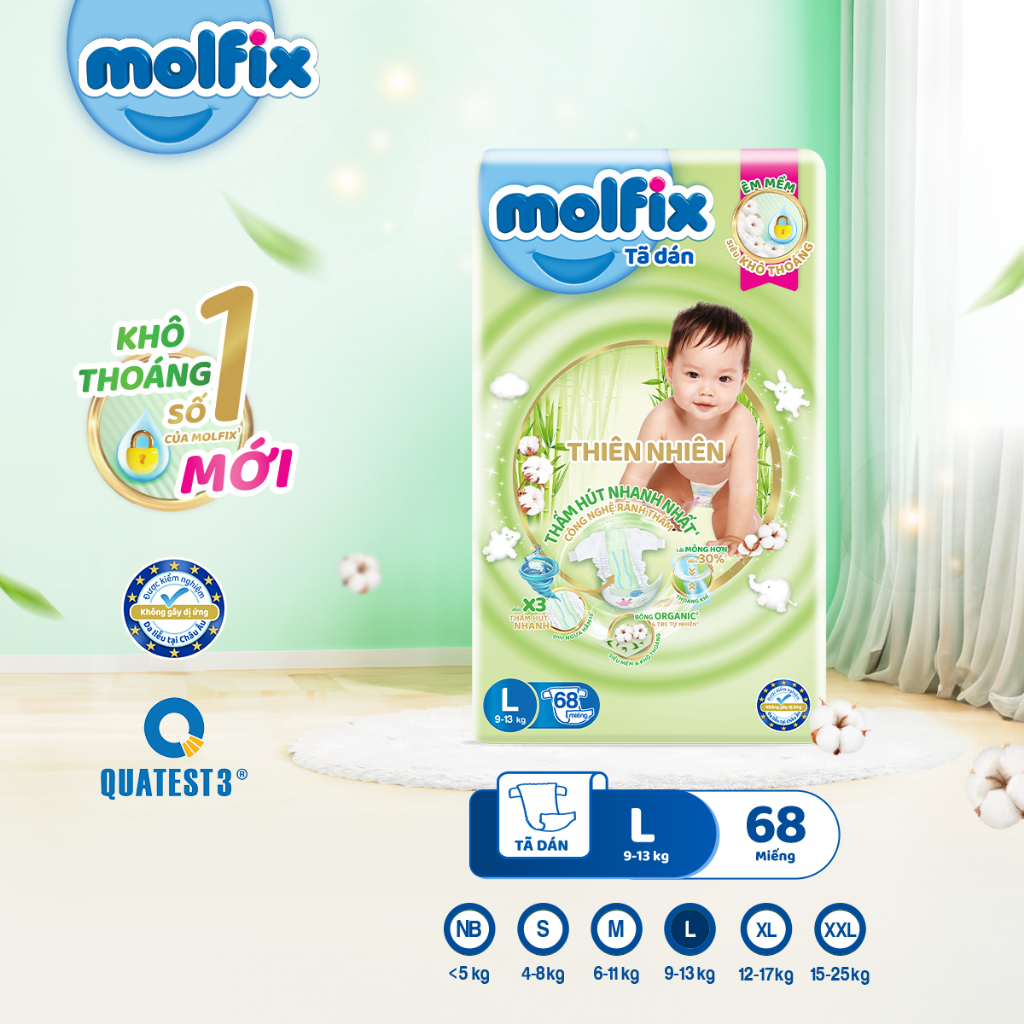 Tã dán thiên nhiên Molfix Super Jumbo đủ các size S80/M76/L68/XL64/XXL54 cho Bé
