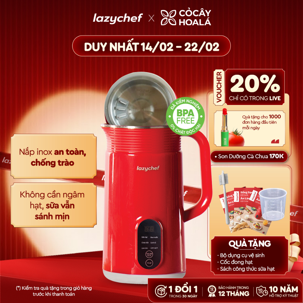 Máy Làm Sữa Hạt Đa Năng Lazychef, Máy Nấu Cháo Chậm, Máy Nấu Sữa, Máy Đun Nước, Bảo Hảnh 12 tháng VHL