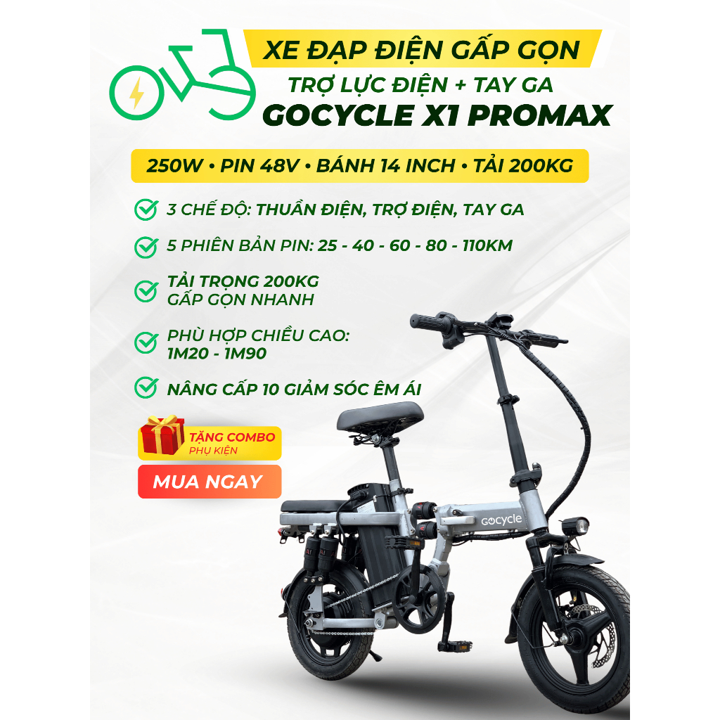 Xe đạp điện trợ lực gấp gọn bỏ cốp tiện lợi GOCYCLE X1 PROMAX 10 giảm sóc tích hợp Smartkey
