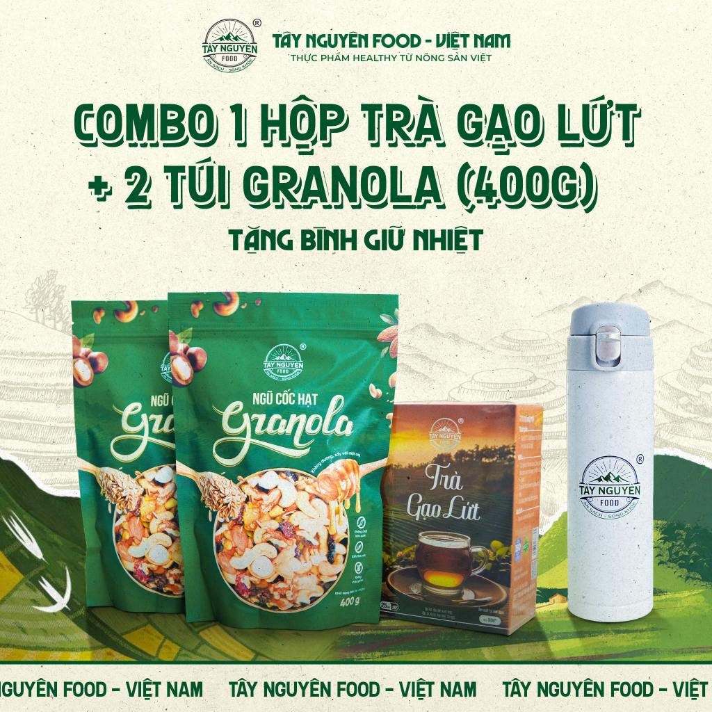 [Tặng Bình giữ nhiệt] Combo 2 bịch Granola loại 400g và 1 hộp Trà gạo lứt 500g Tây Nguyên Food - Việ