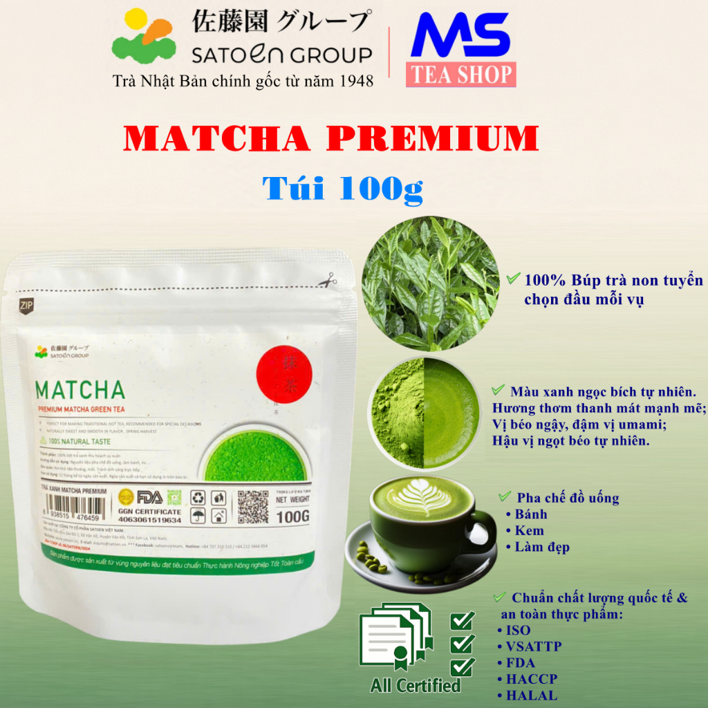 Bột Trà Xanh Matcha Premium Satoen 100G - Matcha Nguyên Chất Vụ Xuân - Đầu mỗi vụ- Chính Hãng Satoen