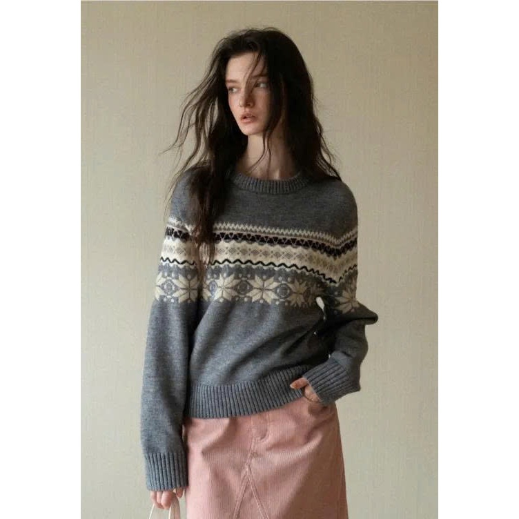 [EGGKA] E25A40650MY Áo len dệt kim màu xám với họa tiết Fair Isle