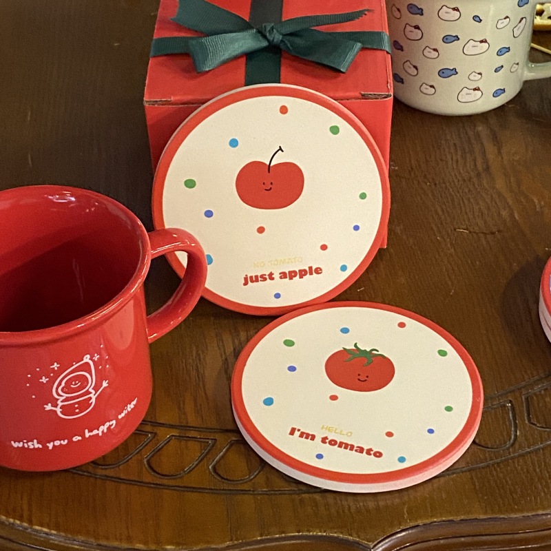 MM021 Đế Lót Ly Gốm Thấm Hút Apple & Tomato Miếng Lót Cốc Chấm Bi Retro