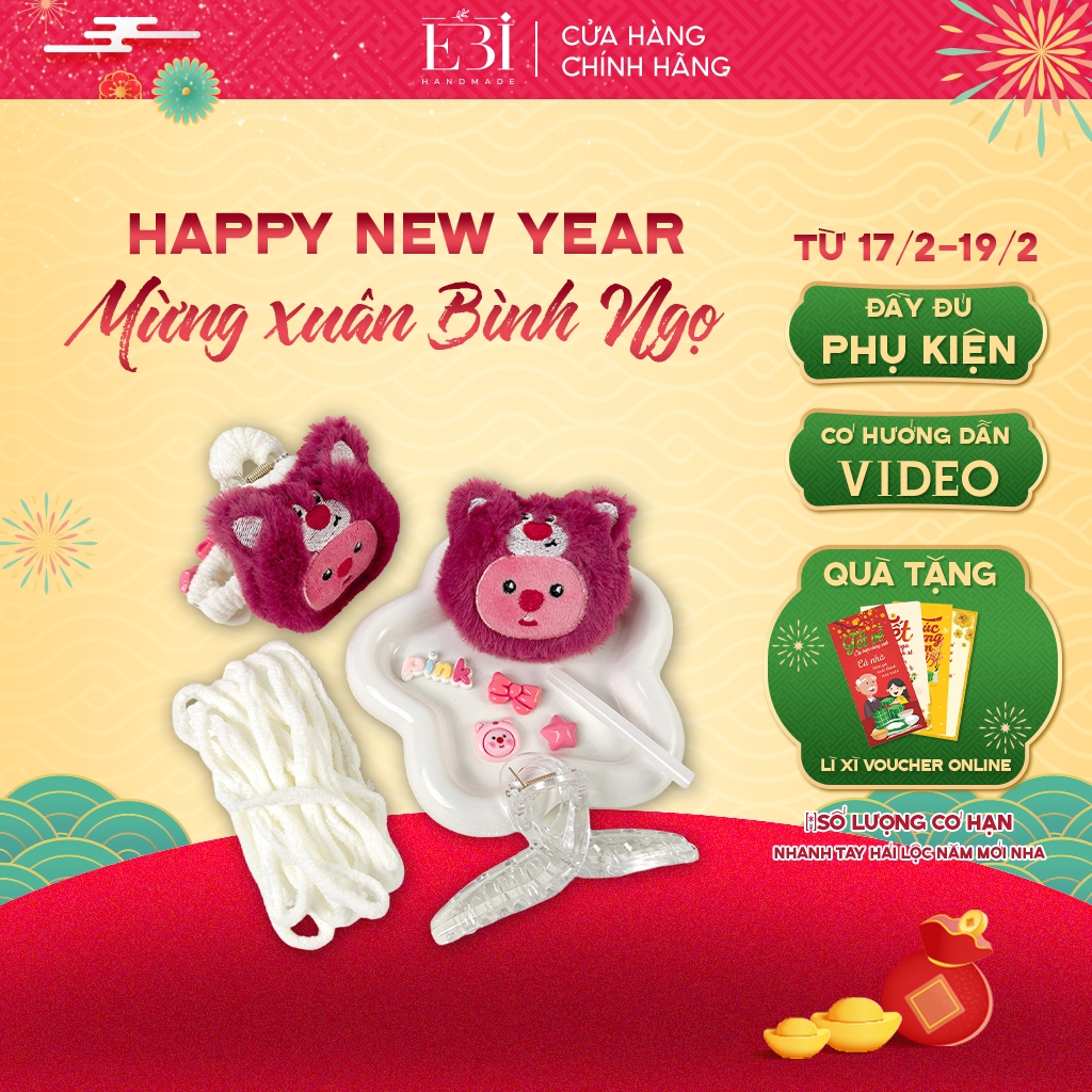 Kẹp tóc tự làm EBI HANDMADE hình Loopy cosplay Gấu Dâu bằng len nhung trắng, quà tặng DIY tặng bạn g