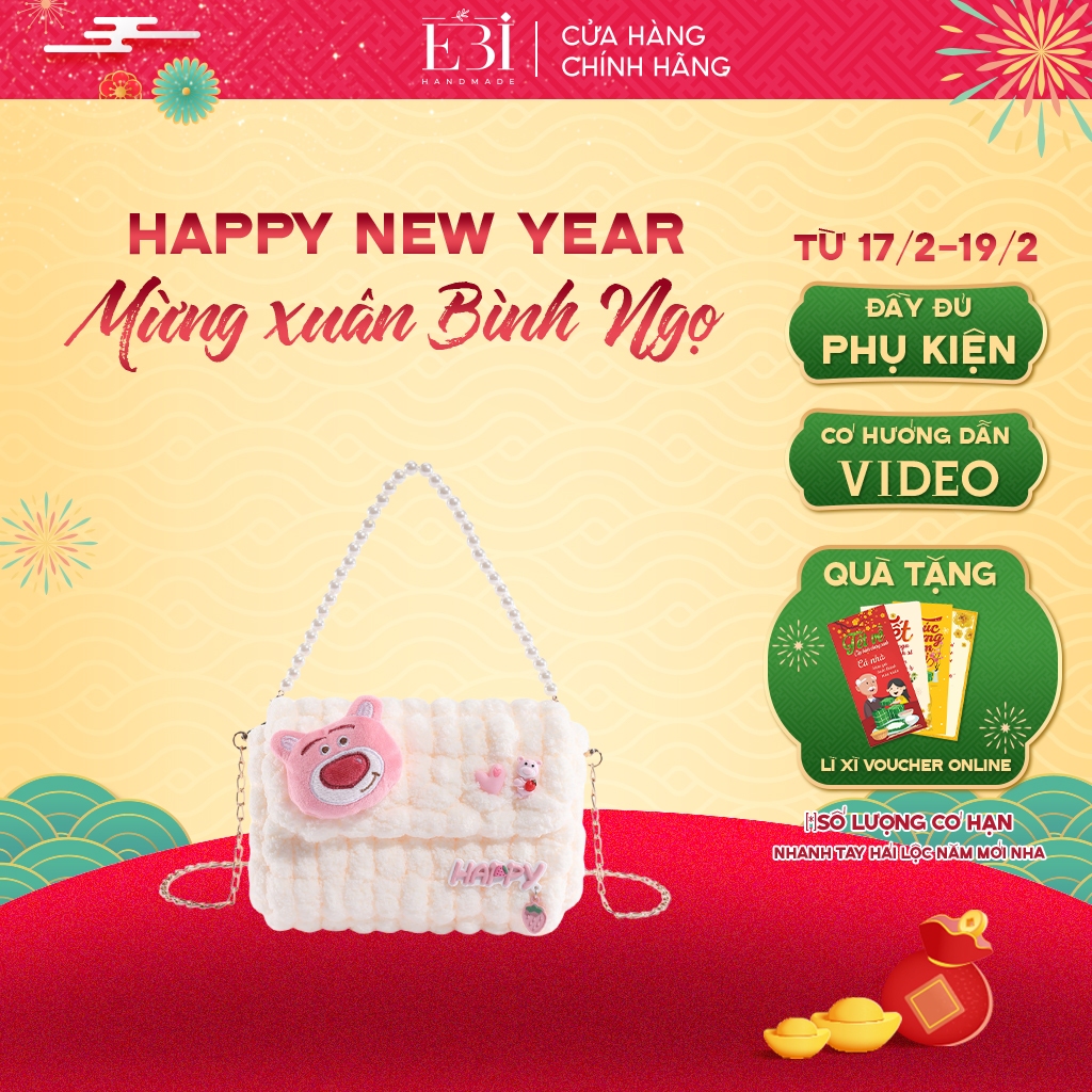 Túi tự đan gấu dâu EBI HANDMADE bằng len bông bi mềm mịn phối charm Lotso dễ thương quà tặng bạn gái đầy ý nghĩa - ES151