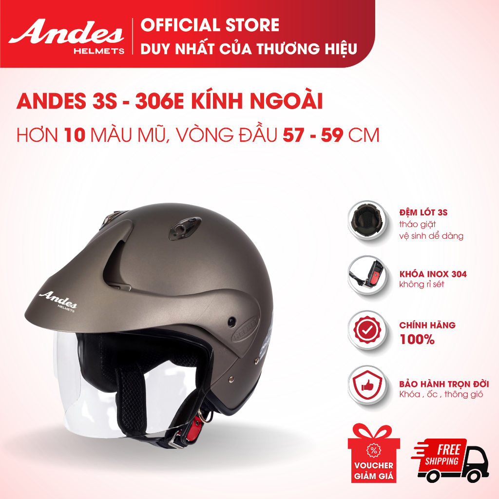 [Official] Mũ Bảo Hiểm Andes 3S-306E, Kiểu 3/4 Đầu Có Kính, Nhiều Màu Sắc