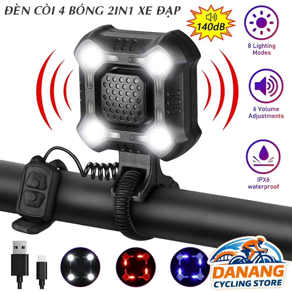 Đèn Pha Siêu Sáng Xe Đạp 4 Bóng LED – Kèm Còi 2in1