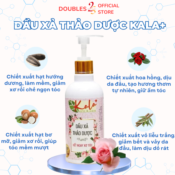 DẦU XẢ THẢO DƯỢC KALA+ 300ml HƯƠNG HOA HỒNG Giảm Xơ Rối Tóc Giúp Tóc Mềm Mại Hơn | DOUBLES 2SSHOP