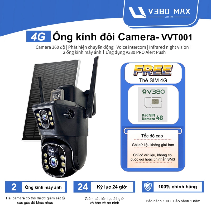V380 Max Solar giám sát Camera 2 mắt 360 độ 1080P HD 4G Sim IP Không thấm nước ngoài trời