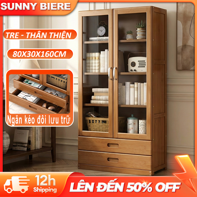 Kệ Sách Tre Thân Thiên 2 Cửa Kính Long Lanh 2 Ngăn Kéo Đổi Lưu Trữ Tiết Kiệm Không Gian 80x30x160cm