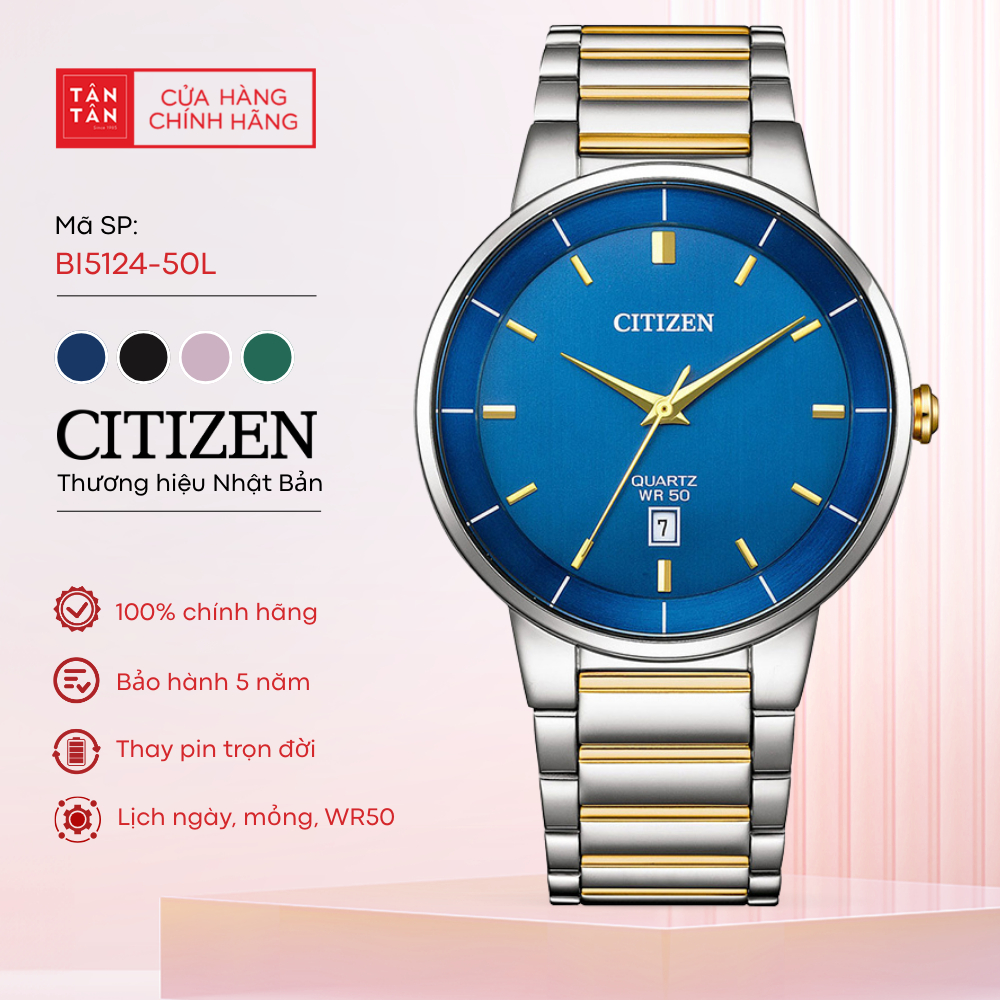 Đồng hồ nam Citizen BI5124-50L - Máy Quartz, Dây thép không gỉ mạ vàng PVD, Mặt tròn 40mm
