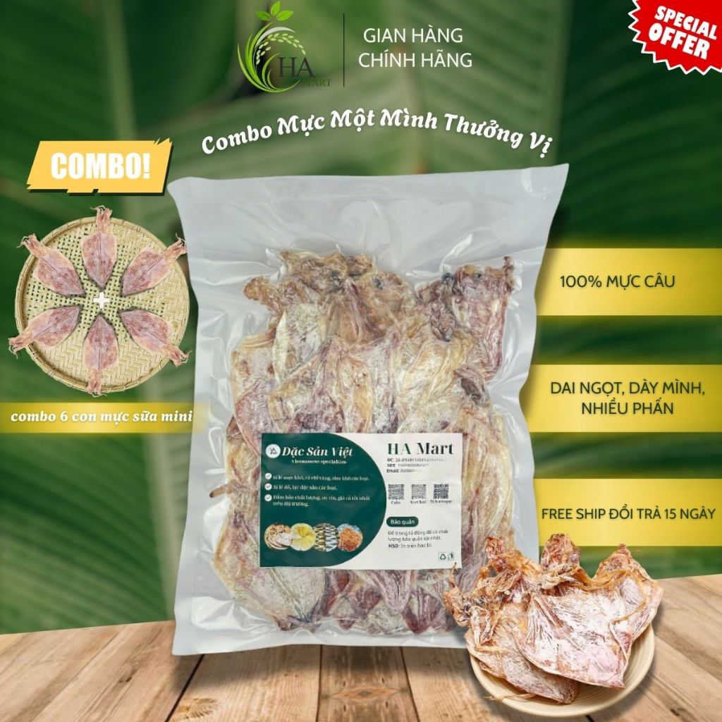 Mực khô mini, mực khô sữa loại 1 HAMART combo 6 con (100 con/1kg) Dai ngọt, thơm, dày, hồng, nhiều p