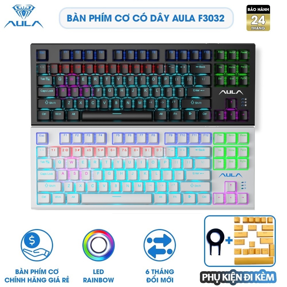 Bàn Phím Cơ Gaming Có Dây chính hãng AULA F3032 Led Rainbow 87 Phím, 5 Pin, Chơi Game Giá rẻ - Bảo H