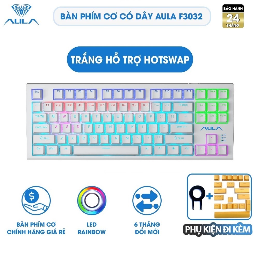 Bàn Phím Cơ Gaming Có Dây chính hãng AULA F3032 Led Rainbow 87 Phím, 5 Pin màu Trắng - Bảo Hành 24 T