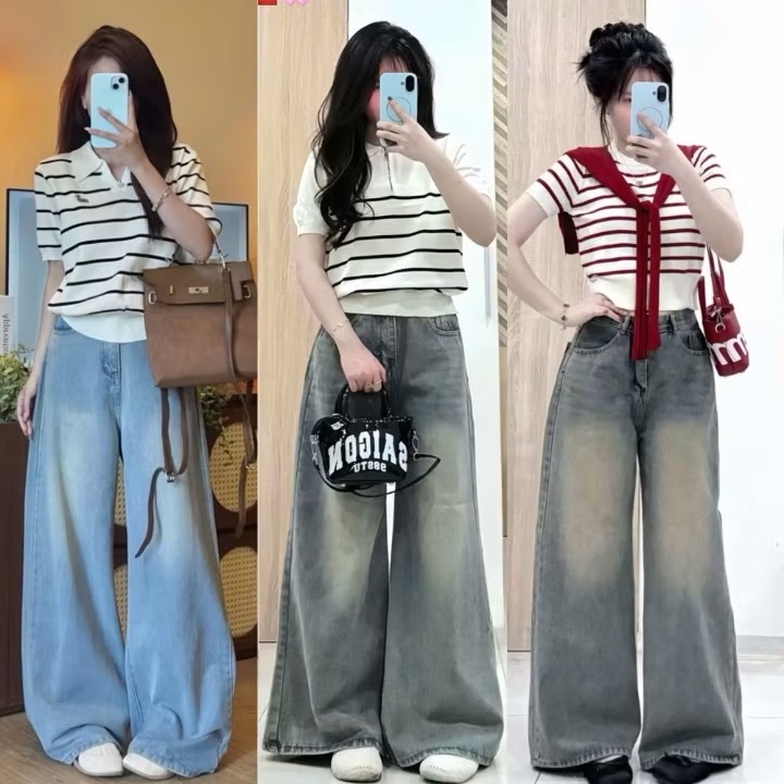 Quần Jeans Ống Suông Rộng Nữ NAGUU Màu Retro, Quần Bò Chất Liệu Denim Phong Cách Trẻ Trung Ver3