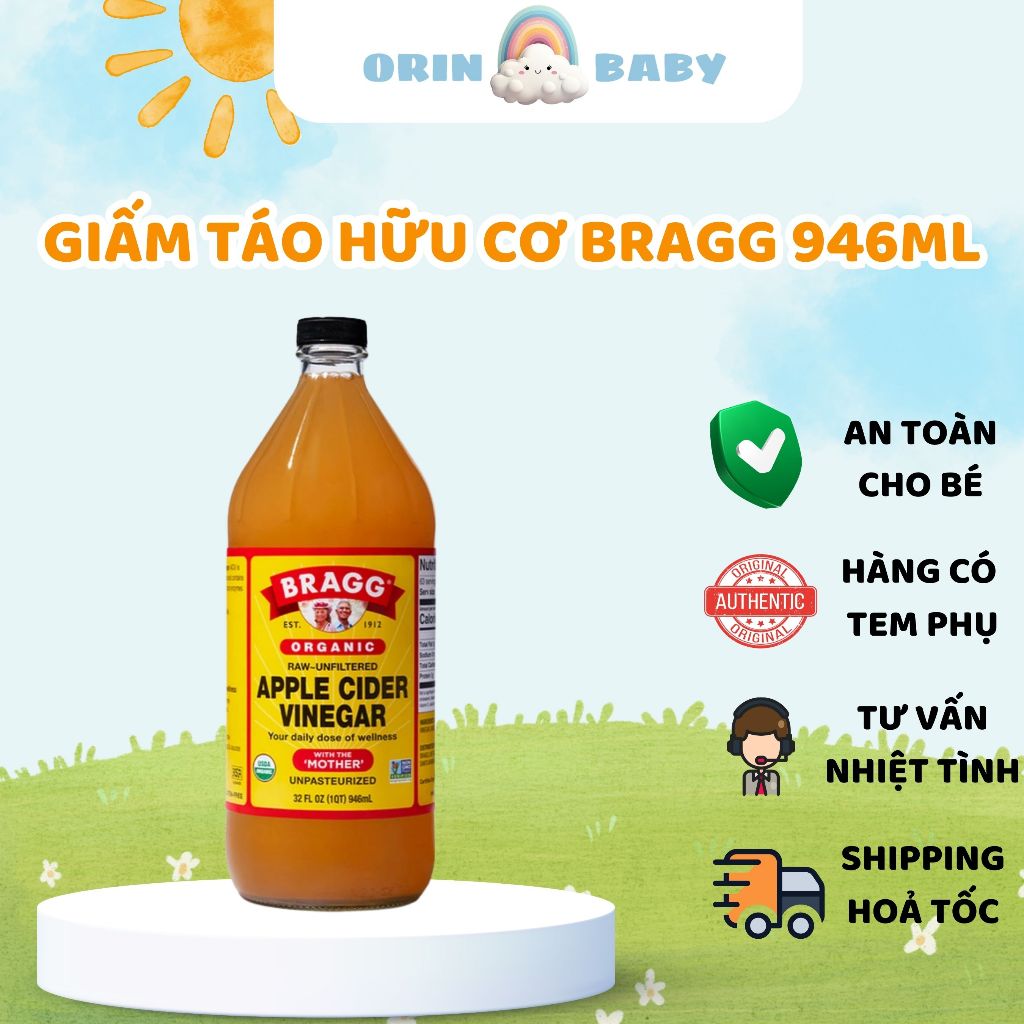 [CHÍNH HÃNG] Chai 946ml Giấm Táo Hữu Cơ Mỹ Bragg Có Giấm Cái - Dấm Táo ăn Eatclean Orin Baby Store