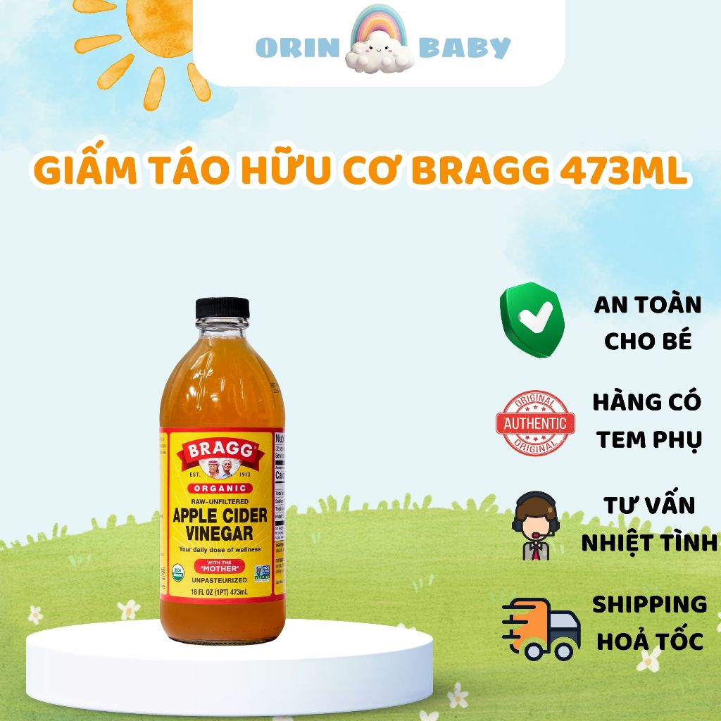 [CHÍNH HÃNG] Chai 437ml Giấm Táo Hữu Cơ Mỹ Bragg Có Giấm Cái - Dấm Táo ăn Eatclean Orin Baby Store