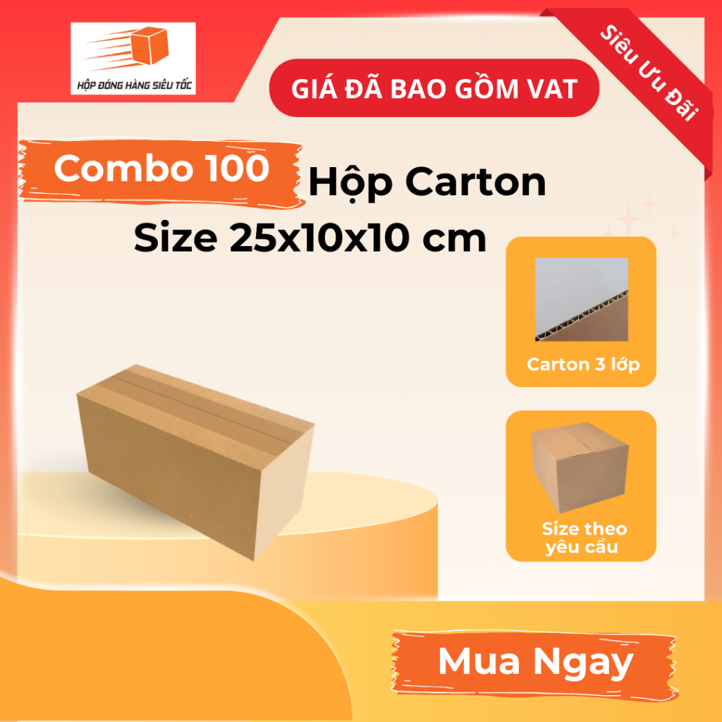 [Combo] Hộp Carton 25x10x10cm – Thùng Giấy Đóng Hàng ( Giá Đã Bao Gồm VAT )