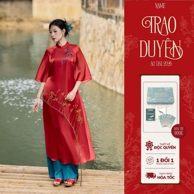 TẶNG LÌ XÌ - Áo Dài Tết YAME Vải Tơ Organza Màu Đỏ Óng Mướt Thêu Họa Tiết Hai Tà Tay Lỡ YAD861