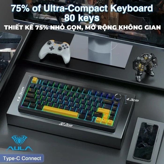 Bàn phím cơ Gaming có Dây chính hãng AULA F75 (4883) - Màu Xanh Dương+Trắng+Tím đậm/ Pink Switch - Bảo Hành 24 Th | BigBuy360 - bigbuy360.vn