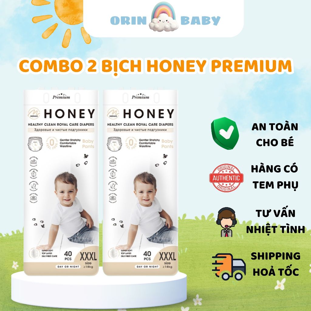 Combo 2 bịch Bỉm Honey Premium Tơ Tằm Siêu Mềm Mịn Và Thấm Hút, Thoáng Khí Đủ Size Cho Bé - Orin Bab