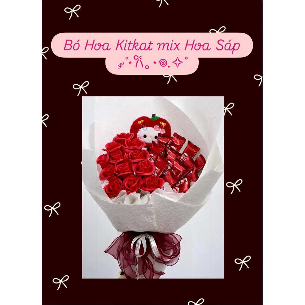 [ Tặng Thiệp ]Bó Hoa KitKat Hello Kitty Mix Hoa Sáp + 📍 Inbox Để Được Tư Vấn