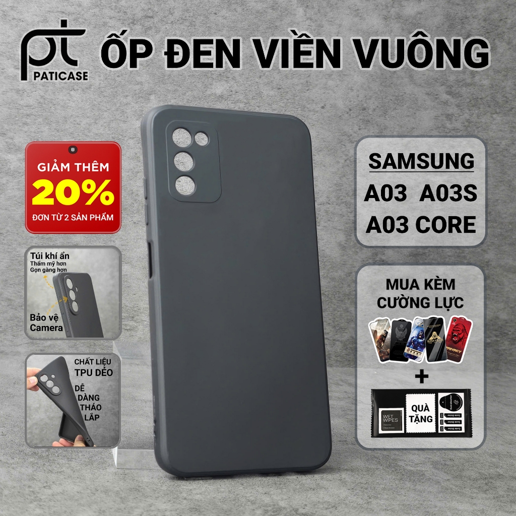 Ốp lưng Samsung A03, A03s, A03 Core Paticase trơn màu đen | Ốp điện thoại SS galaxy dẻo bảo vệ camer