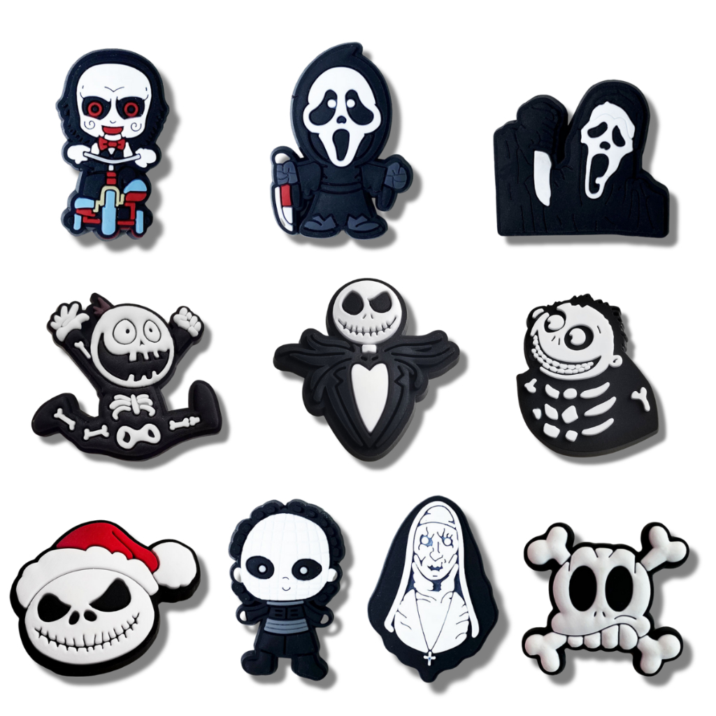 Set charm KINH DỊ gắn dép cross, Nút gắn jibbitz sticker dép cross trang trí cham 2D hoạt hình nhựa 