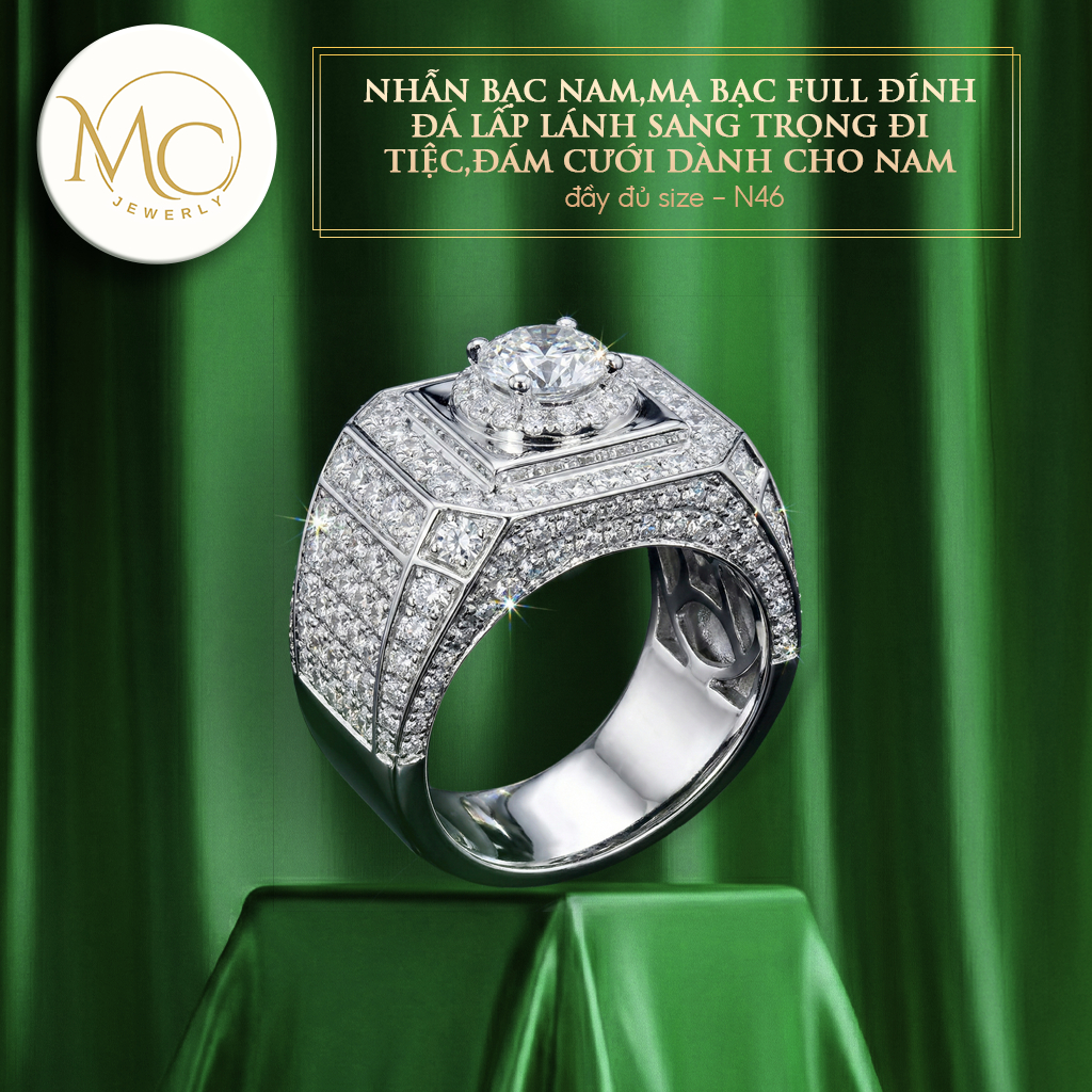 Nhẫn bạc nam,mạ bạc full đính đá lấp lánh sang trọng đi tiệc,đám cưới dành cho nam-đầy đủ size-N46