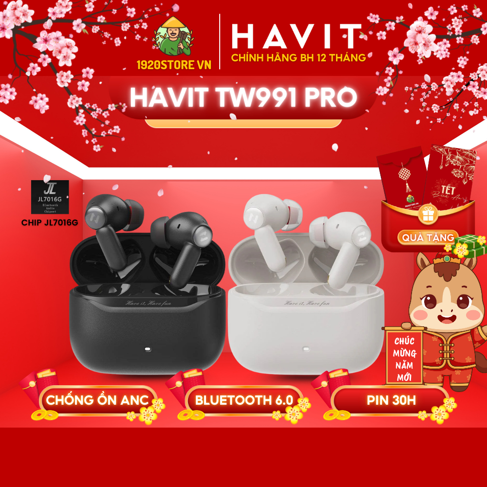 Tai Nghe TWS HAVIT SPACE NC01T Model TW991 Pro, Chống Ồn ANC -45dB, 4 MIC Khử Ồn ENC, Bluetooth 6.0