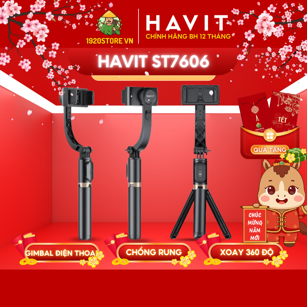Tay Cầm Gimbal HAVIT ST7606, Chống Rung Điện Tử, Bluetooth 4.2, Điều Khiển Từ Xa - Chính Hãng BH 12 Tháng