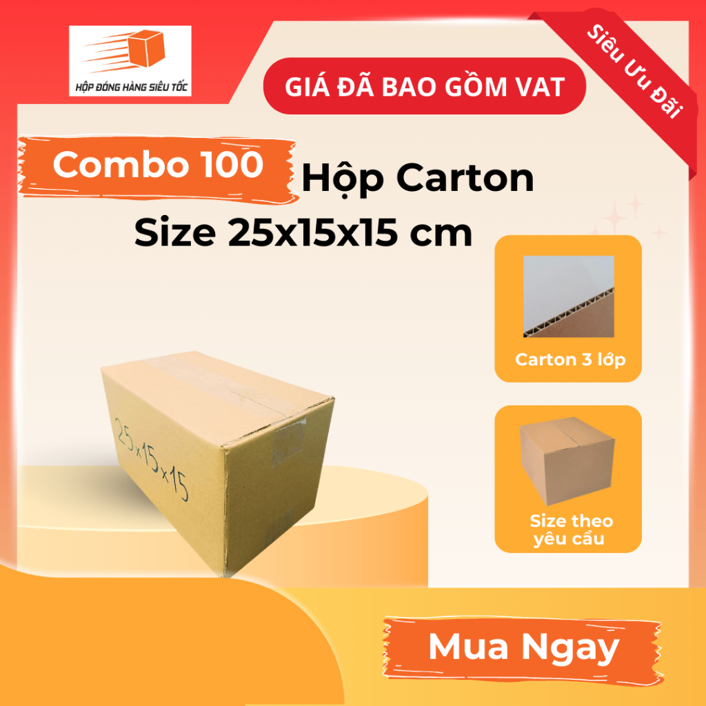 [Combo] Hộp Carton 25x15x15cm – Thùng Giấy Đóng Hàng ( Giá Đã Bao Gồm VAT )