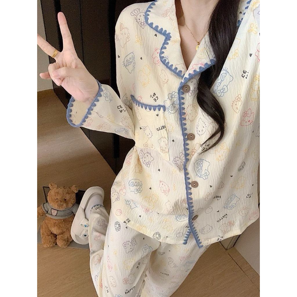 BỘ PIJAMA HELLO KITTY VIỀN XANH – DÀI TAY QUẦN DÀI