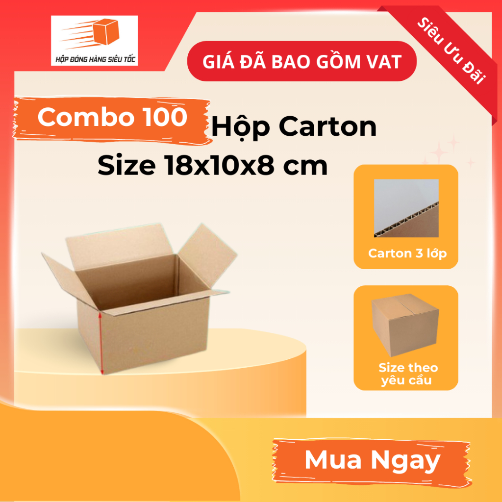 [Combo] Hộp Carton 18x10x8cm – Thùng Giấy Đóng Hàng ( Giá Đã Bao Gồm VAT )