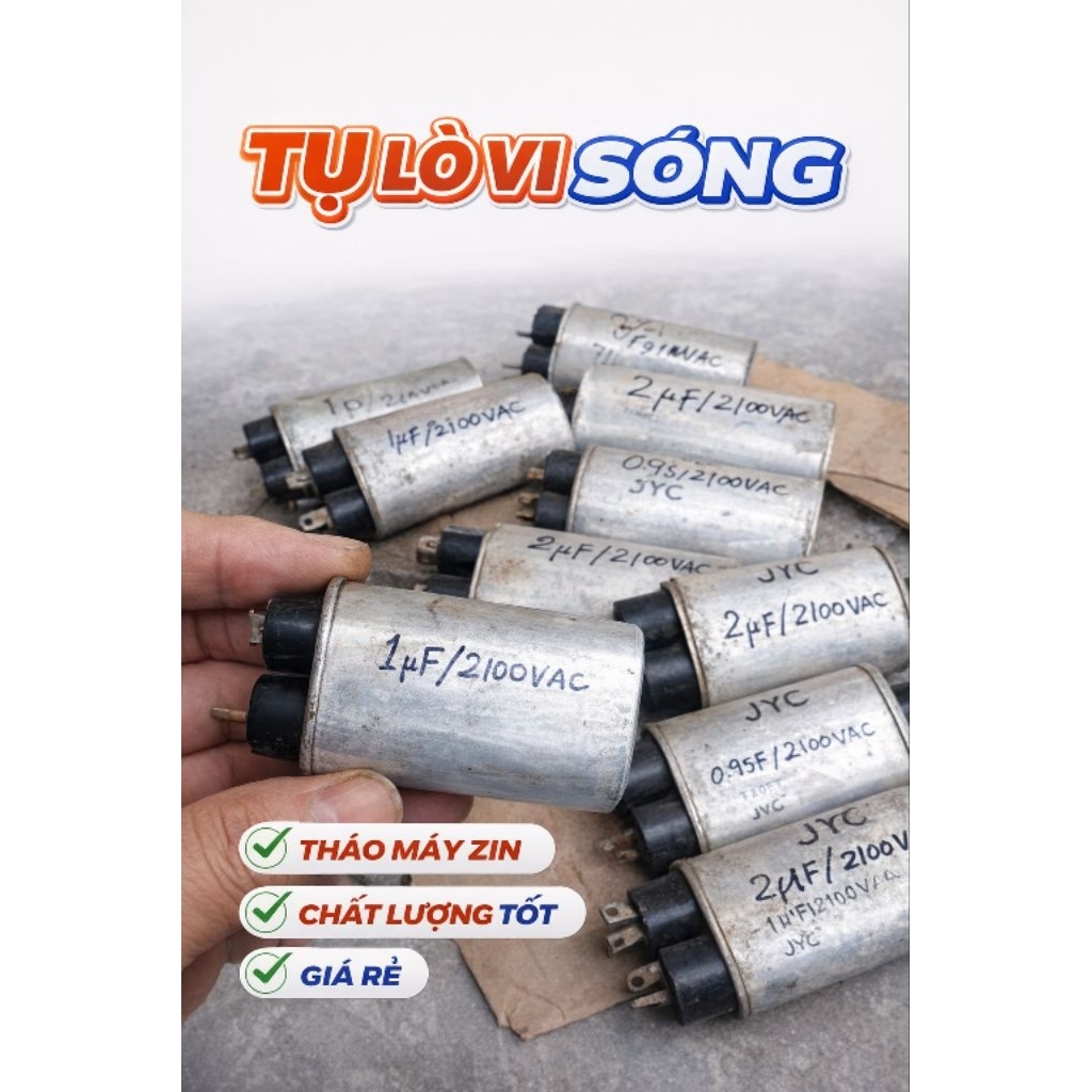 Tụ lò vi sóng tháo máy 1µF 2100V AC zin bãi – tụ cao áp dùng thay thế sửa lò vi sóng
