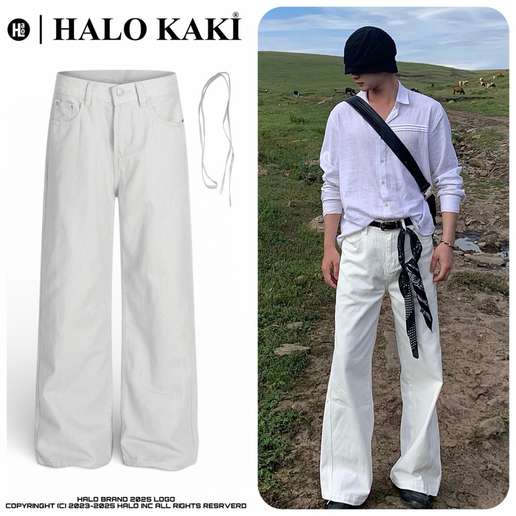 [FULL MÀU - TẶNG KÈM DÂY THỪNG] QUẦN JEANS TRƠN ỐNG SIÊU RỘNG TRẮNG/ĐEN PHỐI DÂY THỪNG UNISEX NAM NỮ HALO KAKI | BigBuy360 - bigbuy360.vn