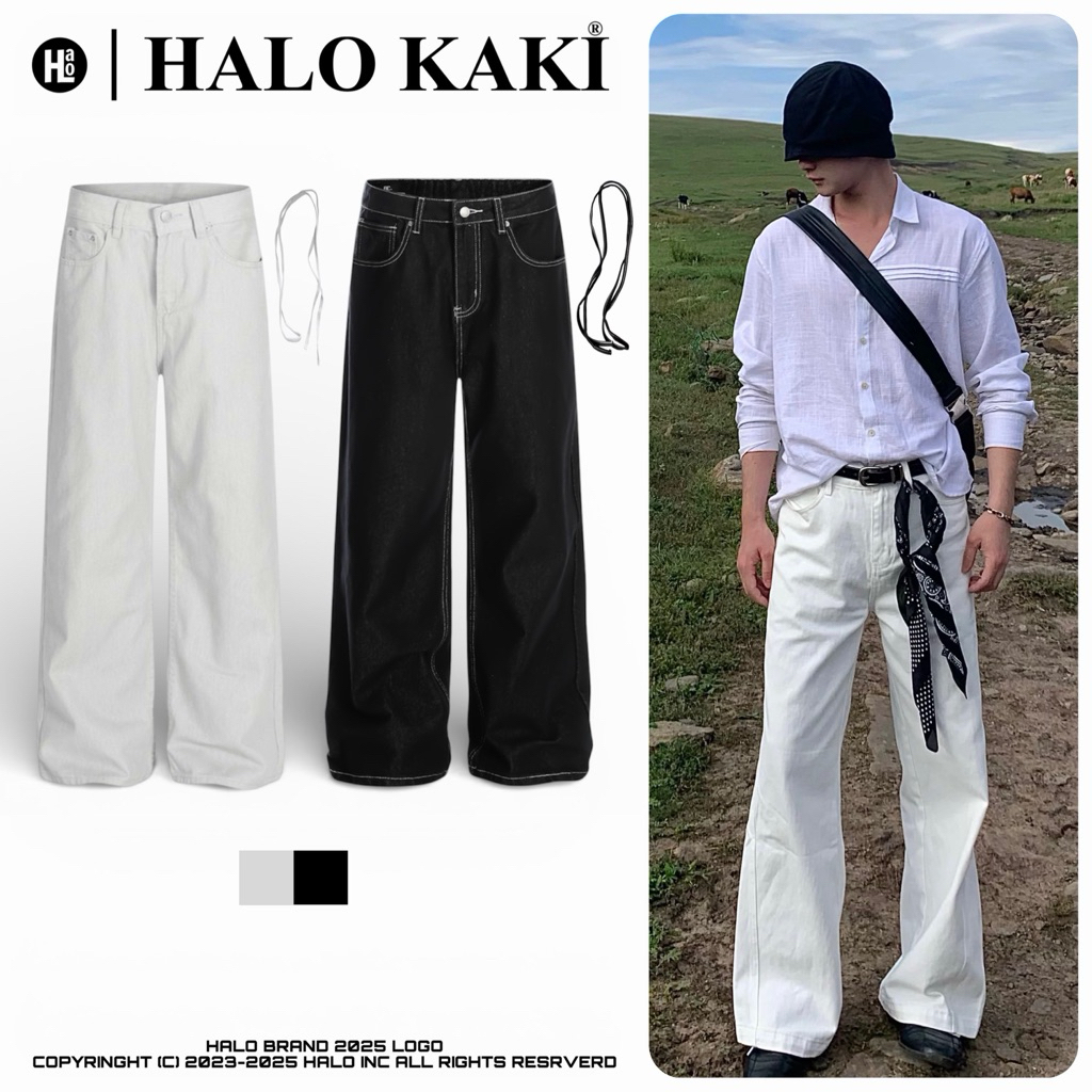 [FULL MÀU - TẶNG KÈM DÂY THỪNG] QUẦN JEANS TRƠN ỐNG SIÊU RỘNG TRẮNG/ĐEN PHỐI DÂY THỪNG UNISEX NAM NỮ HALO KAKI | BigBuy360 - bigbuy360.vn