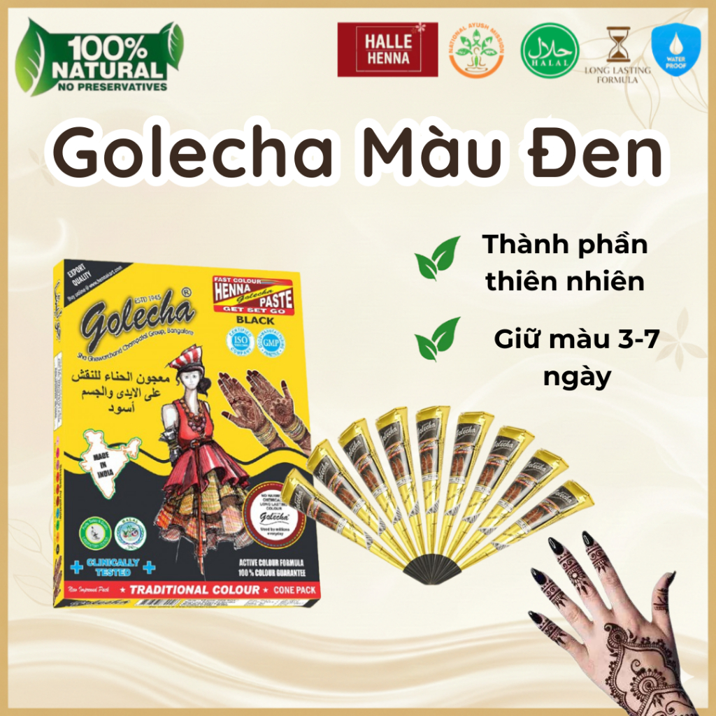 Mực Vẽ Hình Xăm Henna Đen Golecha Ấn Độ – Henna Cone Black Special Chính Hãng, Lên Màu Đậm, Bền 5–7 