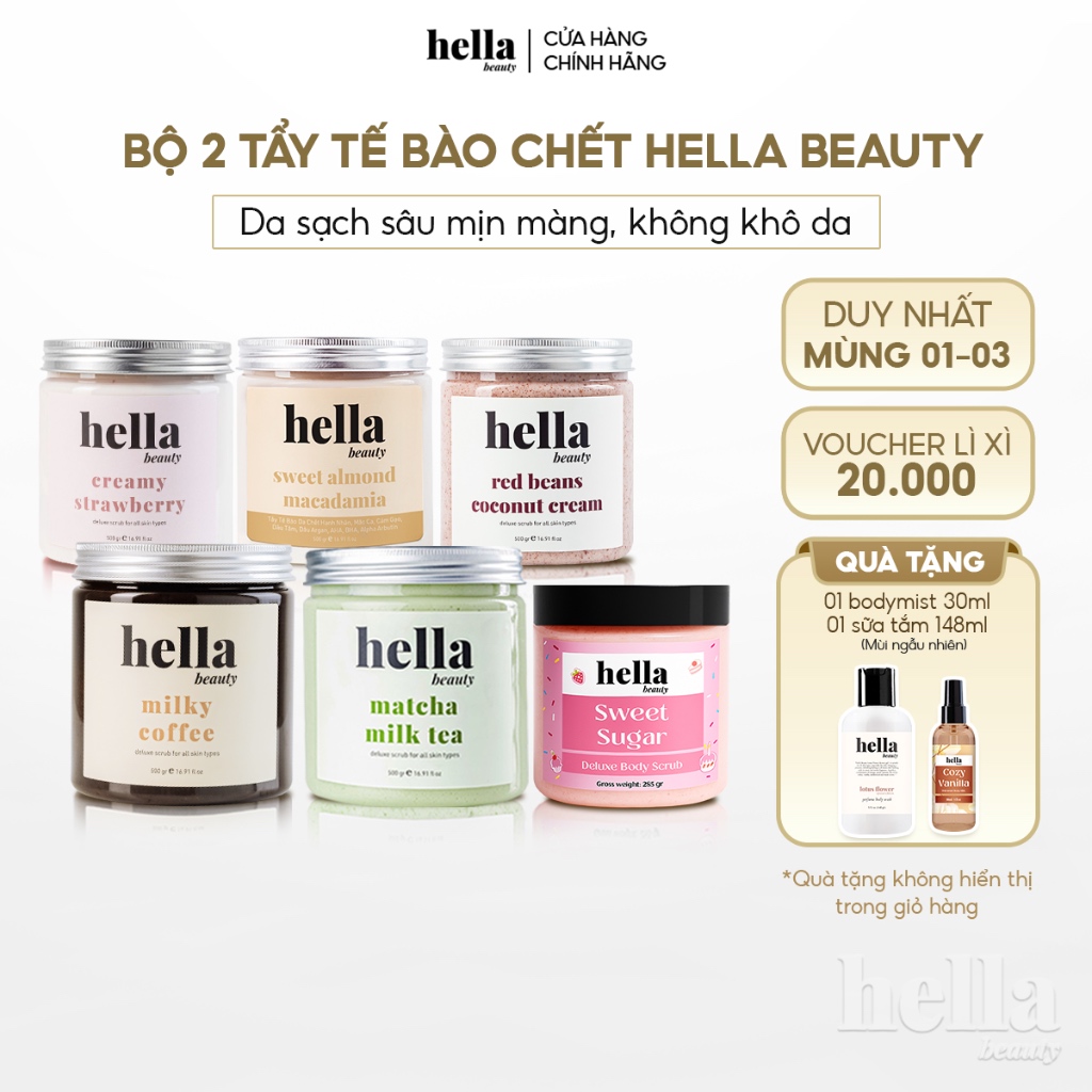 Bộ 2 tẩy tế bào chết body Hella Beauty giúp làm sạch sâu hỗ trợ dưỡng sáng da