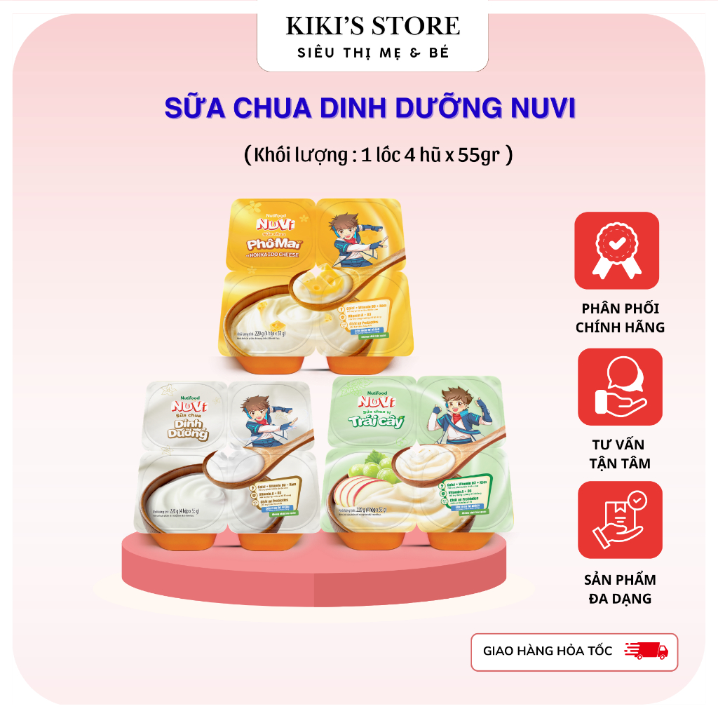 Sữa chua Nuvi Nutifood đủ vị cho bé ăn dặm từ 6m+ - Lốc 4 hũ