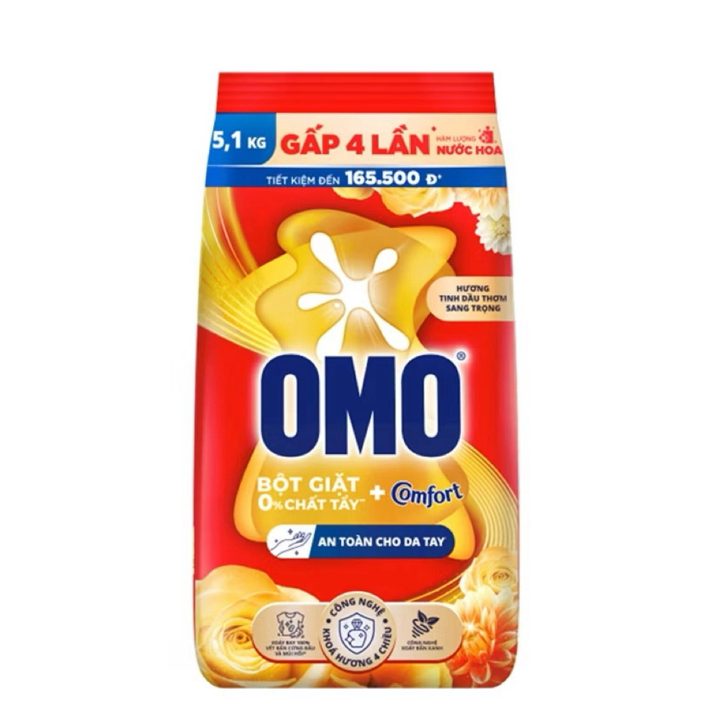 Bột giặt Omo Comfort Tinh Dầu Thơm 5,.1kg - Xoáy Bay Vết Bẩn, Thơm Mát Lâu Dài
