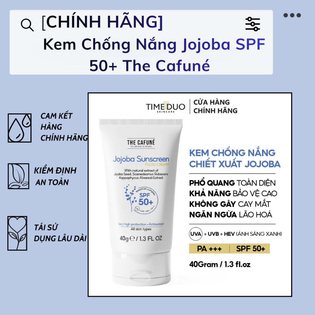 Kem Chống Nắng Jojoba SPF 50+ The Cafuné Bảo Vệ Da Khỏi Tia  UVA, UVB, IR, HEV, Phổ Quang Rộng, Nâng