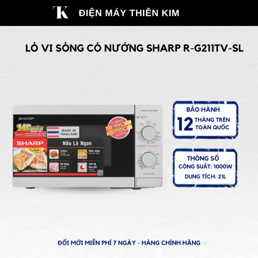 Lò vi sóng có nướng Sharp R-G211TV-SL - 21L 1000W - hẹn giờ - bảo hành 12 tháng toàn quốc