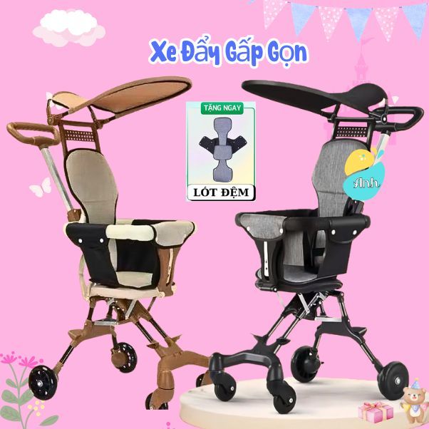 🍓𝑭𝒓𝒆𝒆𝒔𝒉𝒊𝒑  Xe Đẩy Gấp Gọn,Xe Đi Siêu Thị, Du Lịch Cho Bé (Tặng Kèm Đệm Ghế, Có Thể Đảo Chiều).