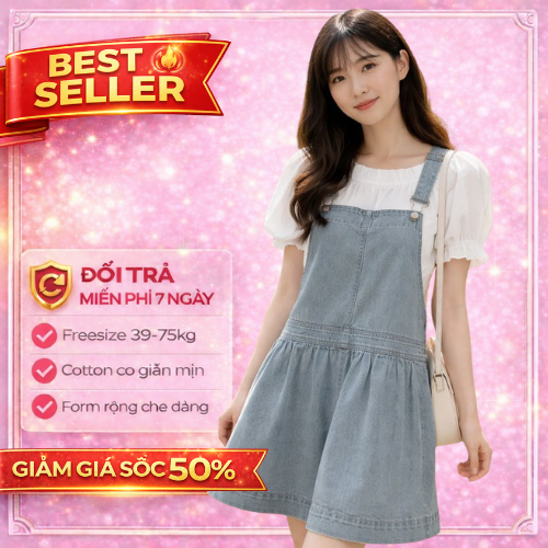 Yếm jean nữ dáng ngắn phối túi lớn trước sau, Yếm Váy Jean phong cách Hàn Quốc LYLIN KG87